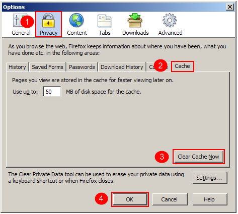 Privacy - Cache - Clear Cache Now - OK