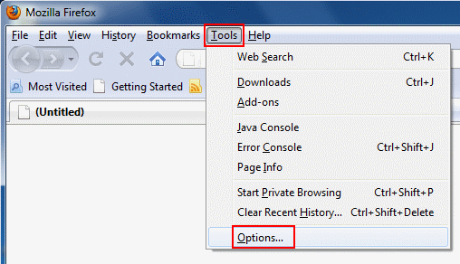 Start Firefox, click the Tools menu and select Options.
