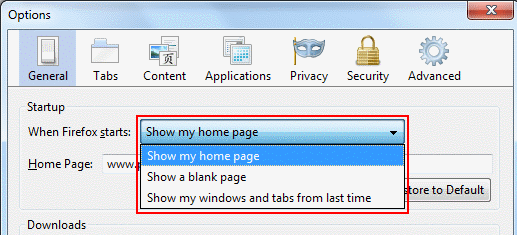 Under When Firefox starts choose Show my home page.