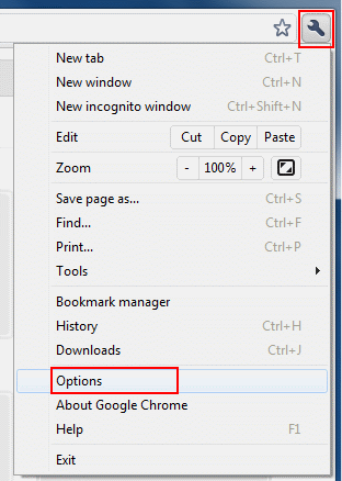 Open Google Chrome. Click the Spanner and select Options from the menu.