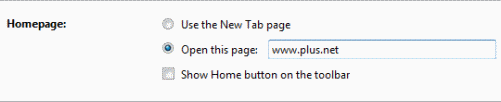 Select Open this page (if it isn't already selected) and enter the address of the website that you want to be your home page.