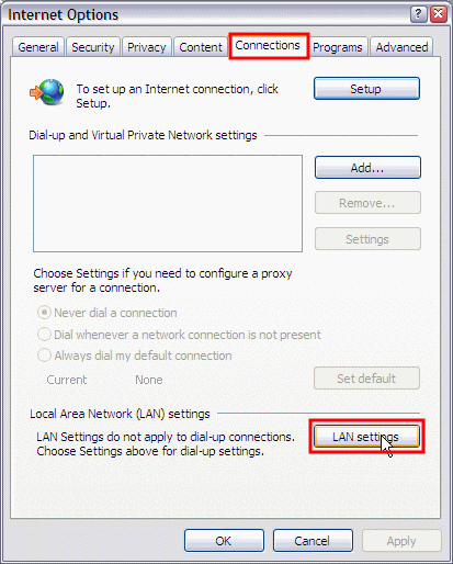 Tools - Internet Options - Select Connections