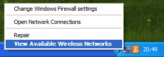 Right click on the wireless network icon and select View Available Wireless Networks.