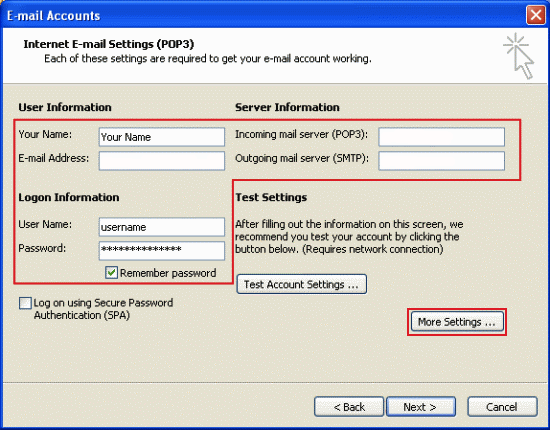 You'll now see the Internet E-mail Settings screen. From here you can check and edit any of the settings for your email account (see below the screenshot if you need help with this).