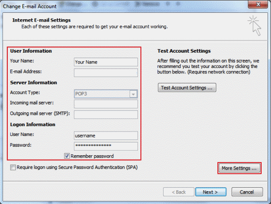 You'll now see the Internet E-mail Settings screen. From here you can check and edit any of the settings for your email account (see below the screenshot if you need help with this).