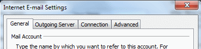 The advanced settings for your email account are split between 4 tabs: General, Outgoing Server, Connection and Advanced.