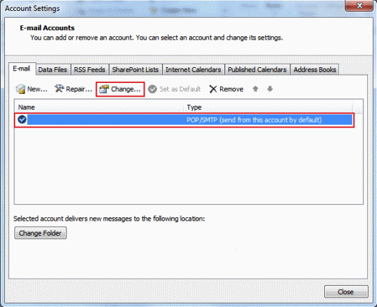 Select the email account you want to check or edit from the list and click Change...