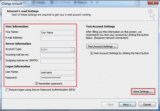 You'll now see the Internet E-mail Settings screen. From here you can check and edit any of the settings for your email account (see below the screenshot if you need help with this).