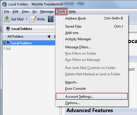 In Thunderbird, go to Tools on the top bar and click Account Settings...