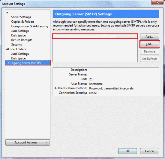 Here you can switch on SMTP authentication. If you want to do this, please see our Mozilla Thunderbird SMTP authentication guide.