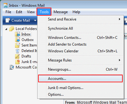 In Windows Mail, go to Tools on the top bar and select Accounts...
