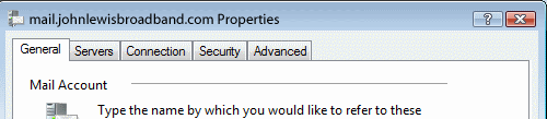 Your email account settings are split between 5 tabs: General, Servers, Connection, Security and Advanced.